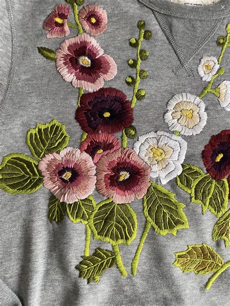 Hollyhock Crewneck Etsy Needlework Embroidery Embroidered Flowers