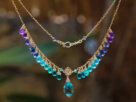 Solid Gold 14k Teal Blue Fluorite Semi Precious Gemstone Necklace