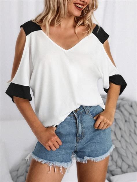 2019 New Fashion Women Stylish Elegant Summer Casual White T Shirt Tee Contrast Color V Neck