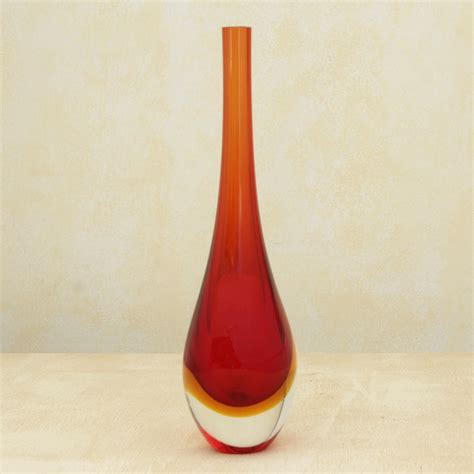 Red Orange Murano Inspired Art Glass Decorative Vase Arrested Flame Novica