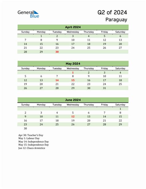 Q2 2024 Quarterly Calendar With Paraguay Holidays Pdf Excel Word