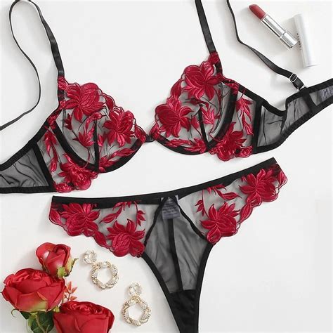 Lady See Through Lace Floral Underwear Sleepwear G String Sexy Lingerie For Women Sex Bra Set