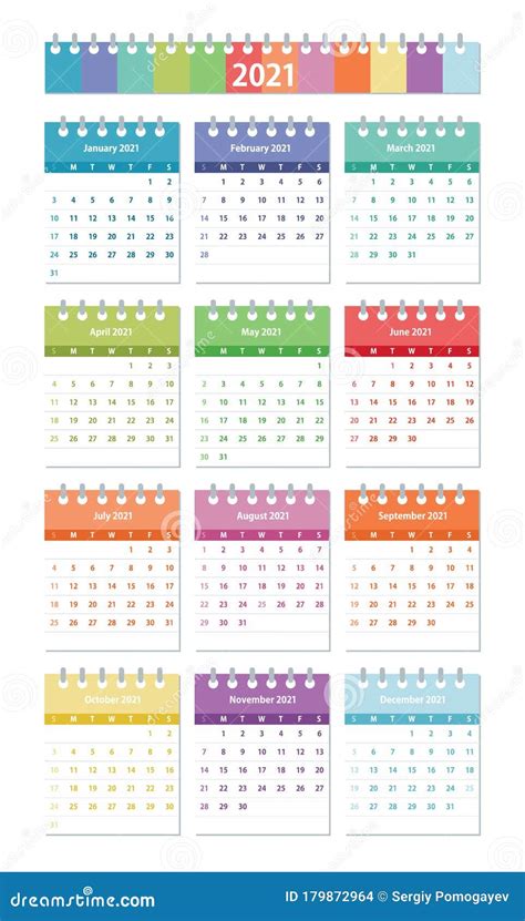 2021 Year Calendar Leaves Flat Set Colorful Set Colorful Set Stock