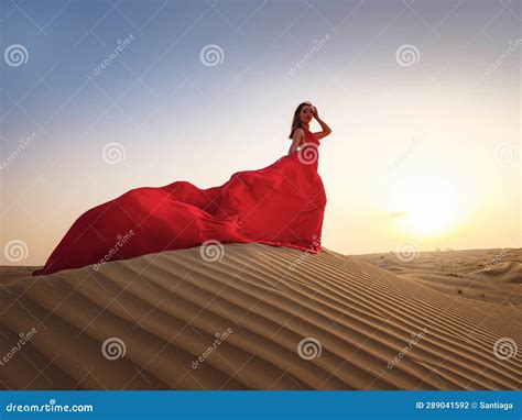 Woman In Sands Dunes Of Desert At Sunset Stock Photo Image Of Dune