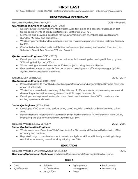 Qa Quality Assurance Automation Engineer Resume Example For 2023 Resume Worded