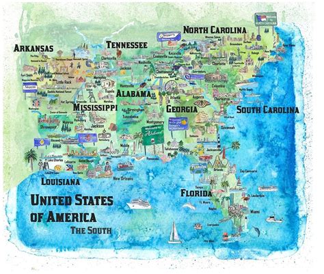 Usa Südstaaten Reiseposter Karte Florida Louisiana