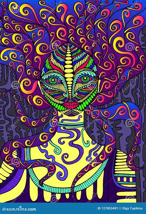 Psychedelic Goddess Bright Colors Surreal Fantasy Doodle Artwork