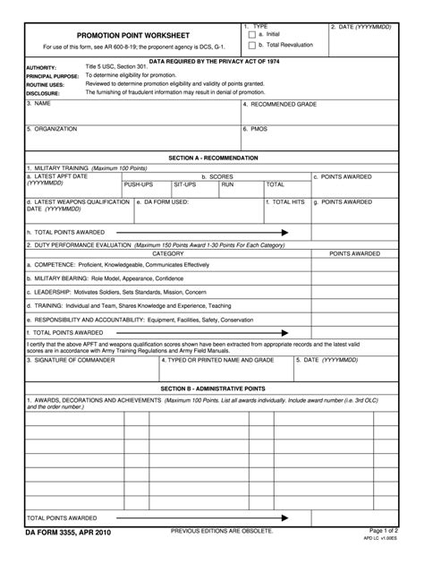 Army Promotion Point Worksheet Army Promotion Points