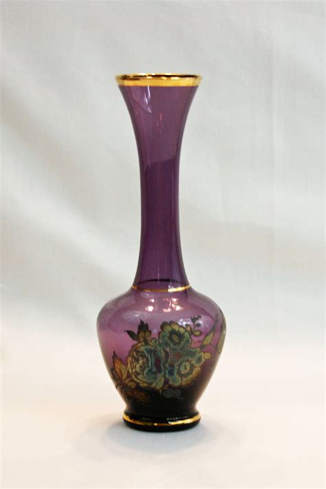 Vintage Lefton Purple Amethyst Glass Bud Vase Hand Blown With Floral Applique Made In Japan