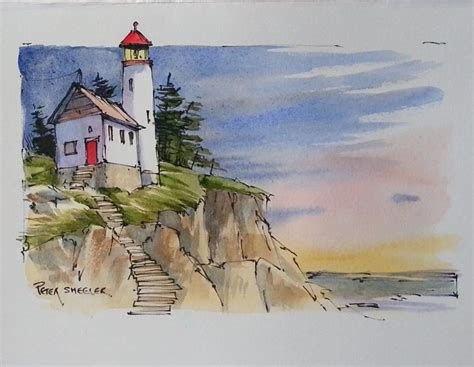 Fine Art Watercolor And Pen Painting Of Lighthouse Original Line And