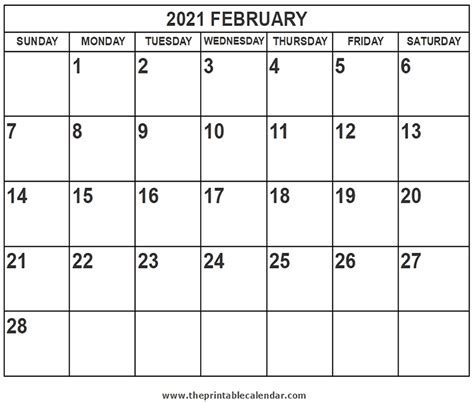 Now, let's move to the second month of this year. Printable 2021 February calendar