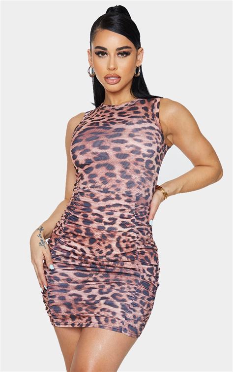 Shape Brown Leopard Print Ruched Bodycon Dress Prettylittlething