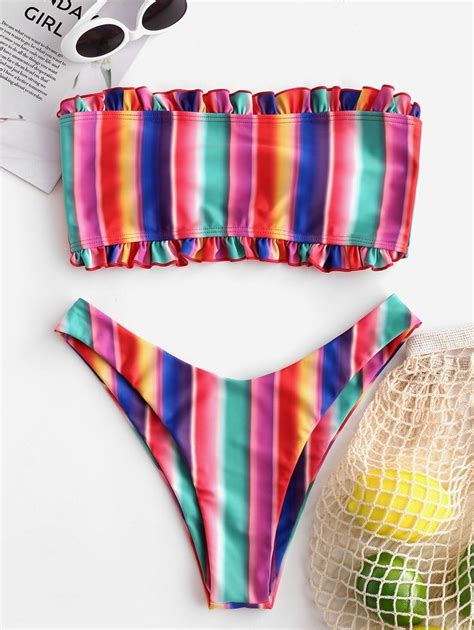 ZAFUL Frilled Colorful Striped Bikini Set MULTI A Ad Colorful