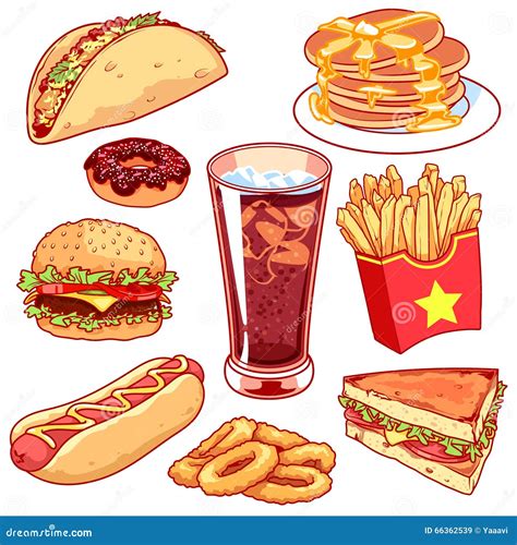 Set Of Cartoon Fast Food Icons On White Background Stock Vector