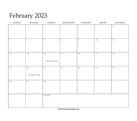 Printable February Calendar 2023 With Holidays