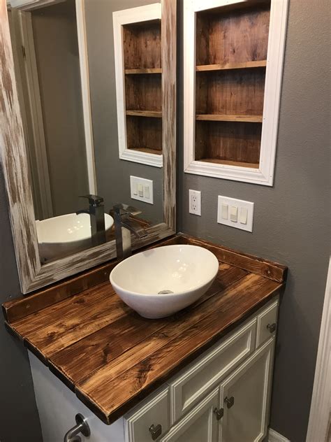Diy Rustic Wood Countertop And Vessel Sink Bathroom Makeover