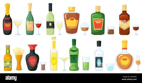 Bottles Of Alcoholic Drinks With Glasses Vector Illustration Set