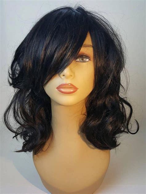 Mid Length Wavy Black Wig With Long Sweeping Bangs Mid Length Black