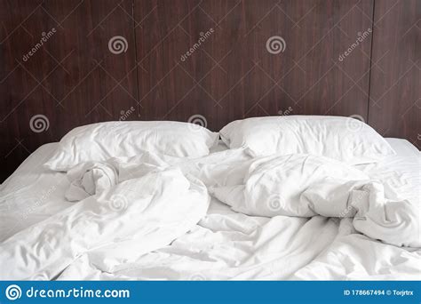 Messy And Unmade White Hotel Bed At Hotel Room In Holiday Morning Stock Photo Image Of Morning