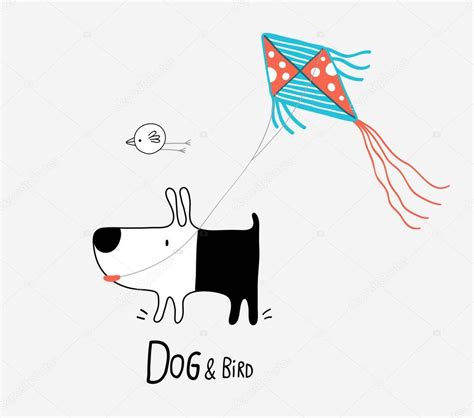 Perro Y Pájaro Volando Una Cometa Ilustración Vectorial 2023
