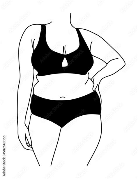 Line Art Vector Illustration Of Curvy Woman In Underwear Plus Size Girl In Bikini Body Positive