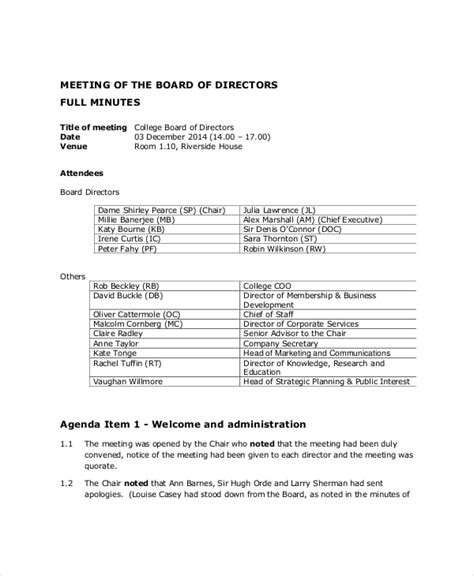 Board Of Directors Meeting Minutes Template