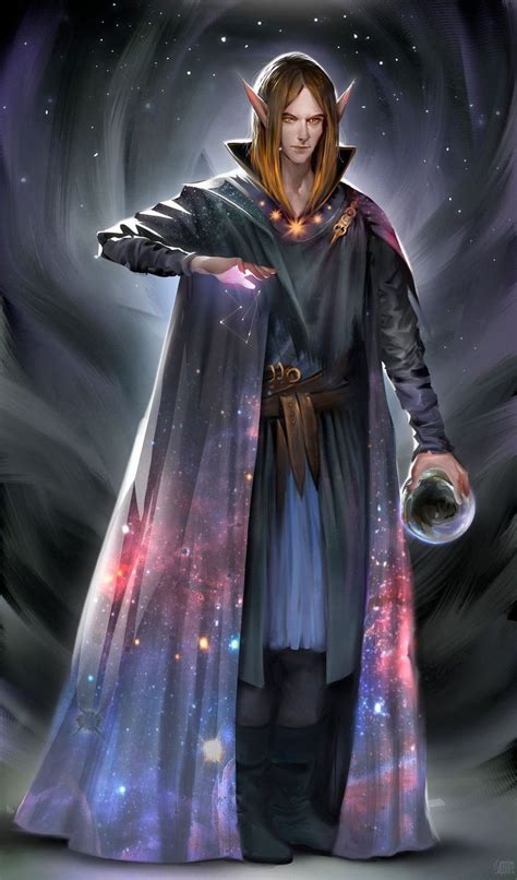 Male Elf Wizard With Galaxy Cloak And Crystal Ball ตัวการ์ตูนชาย