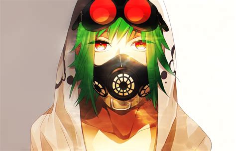 Anime Girls Gas Masks Goggles Green Hair Megpoid Gumi Red Eyes Short