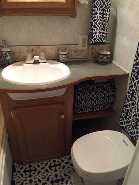 Rv Bathroom Vanity With Blue And White Patterns