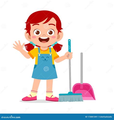 Happy Cute Little Kid Girl Sweeping Floor Stock Vector Illustration