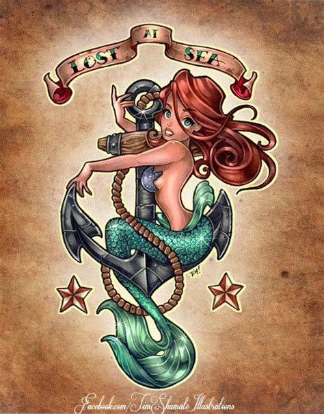 Lost At Sea Ariel Mermaid Anchor Rope Star Tattoo Flash Art A R