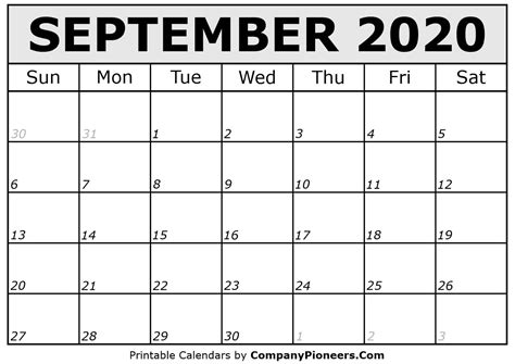September 2020 Calendar Printable Printable 2020 Calendars