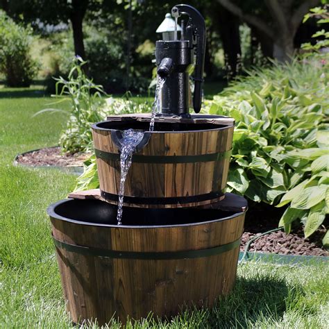 Sunnydaze Wood Barrel Outdoor Water Fountain With Hand