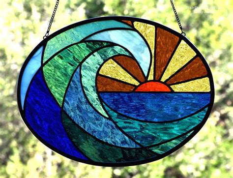 Stained Glass Suncatcher Ocean Wave At Dawn Oval Shaped Etsy Surf