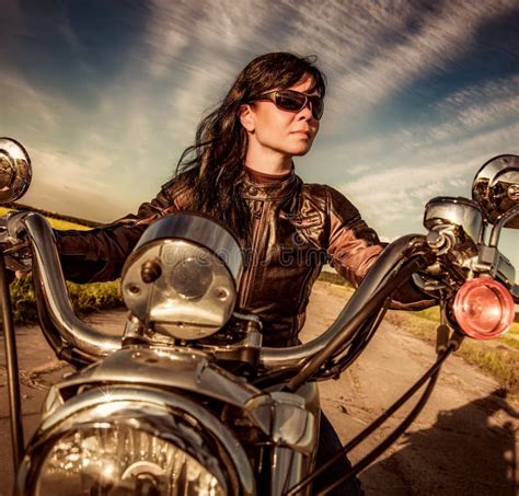 Biker Girl Sitting On Motorcycle Stock Photo Image Of Person People