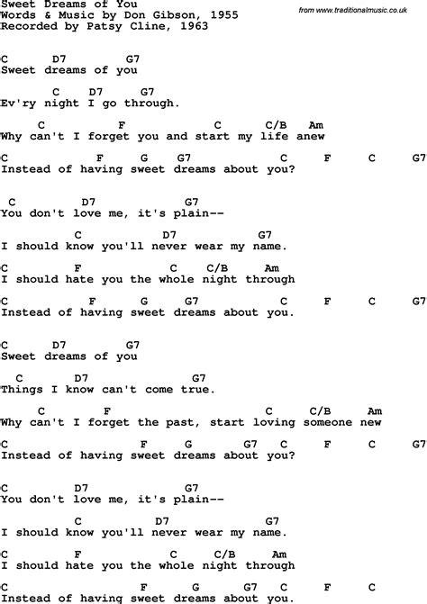 Song Lyrics With Guitar Chords For Sweet Dreams Patsy Cline 1963