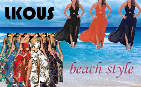 Lkous Sexy Sleeveless V Neck Split Long Beach Dress Floral Print Bodycon Maxi Dress