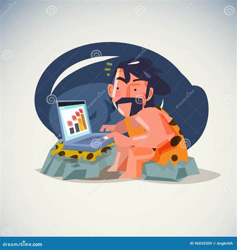 Caveman Working With Laptop Vector Stock Vector Illustration Of
