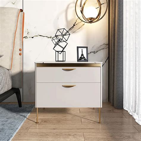 Modern White Bedside Table Luxury Stone Top 2 Drawer Lacquered Bedside