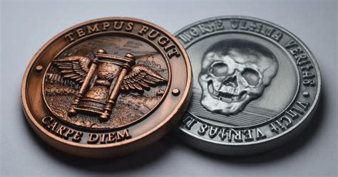 Pair Of Memento Morivivere Reminder Coins In Capsules Owlwisdomskullhourglass Stoic