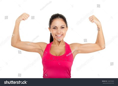 Sport Fitness Woman Flexing Show Her Biceps Muscles Young Healthy