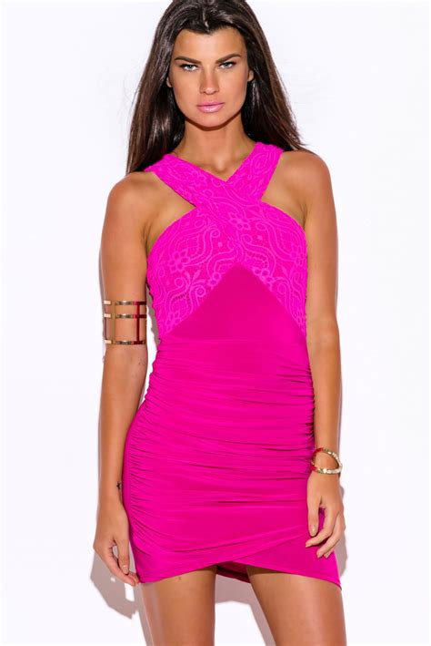 shop hot pink lace criss cross ruched bodycon fitted club mini dress mini dress mini club