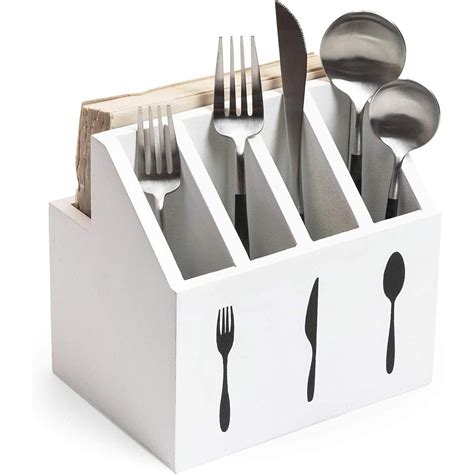 White Wooden Utensil Caddy Holder Kitchen Silverware Cutlery Organizer