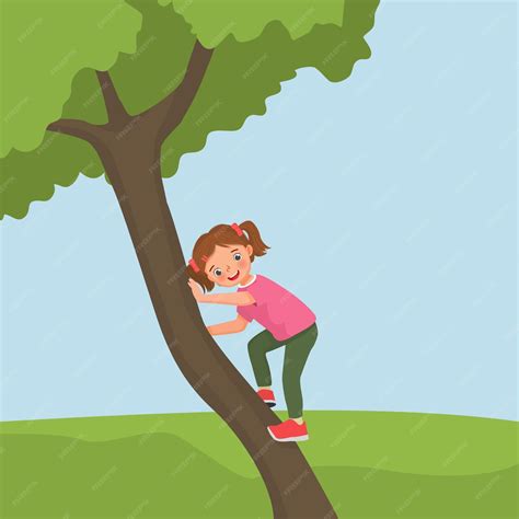 Linda Niña Trepando Un Gran árbol En El Parque Vector Premium