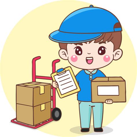 Cartoon Character Delivery Man Courier In Uniform Holding Cardboard