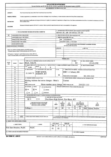 Da Form 61 Application For Appointment Printable Pdf Download