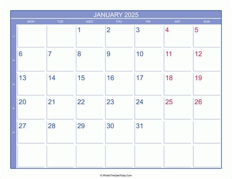 2025 January Calendar With Week Numbers Whatisthedatetodaycom