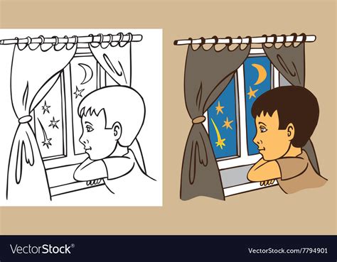 Boy Looks Out Window At Night Royalty Free Vector Image