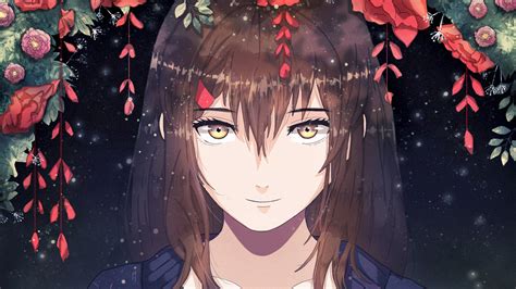 Download Wallpaper 2560x1440 Girl Anime Smile Sweet Flowers