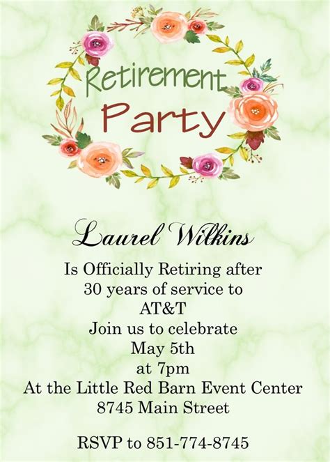 Marble With Floral Wreath Retirement Party Invitations Retirement